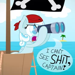 Size: 3006x3006 | Tagged: safe, artist:zutheskunk, derpibooru import, oc, oc:snowdrop, unofficial characters only, pegasus, pony, .svg available, bandana, belly button, binoculars, blind, blind joke, can't see shit, can't see shit captain, crossing the line twice, dialogue, female, funny, funny as hell, high res, hoof hold, island, leaning, mare, ocean, open mouth, pirate, solo, vector, vulgar, we are going to hell, yelling