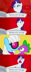 Size: 1200x2745 | Tagged: safe, derpibooru import, photo finish, rarity, spike, exploitable meme, female, i'll destroy her, jealous, kissing, love triangle, male, meme, newspaper, newspaper meme, photospike, shipping, sparity, spike gets all the mares, straight, yandere, yanderity