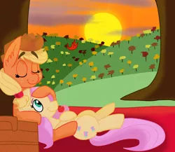 Size: 2300x2000 | Tagged: safe, artist:fly1ngcupc4k35, derpibooru import, applejack, fluttershy, earth pony, pegasus, pony, applejack's hat, appleshy, basket, blanket, cowboy hat, cuddling, cute, eyes closed, female, freckles, hairband, hat, lesbian, orchard, picnic, picnic basket, picnic blanket, ponytail, shipping, snuggling, sunset, sweet apple acres, tree