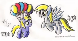 Size: 1098x582 | Tagged: safe, artist:quarium, derpibooru import, derpy hooves, dinky hooves, pegasus, pony, balloon, equestria's best daughter, equestria's best mother, female, flying, mare