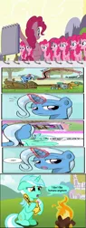 Size: 800x2100 | Tagged: accepted meme that never ends, caption, clones, derpibooru import, edit, ew gay, exploitable meme, i don't like humans anymore, image macro, lyra heartstrings, meh, meme, obligatory pony, pinkie pie, pinkie's plan, safe, snails, snips, sudden clarity sweetie belle, sweetie belle, text, the meme that never ends, the ride never ends, trixie, unimpressed trixie meme