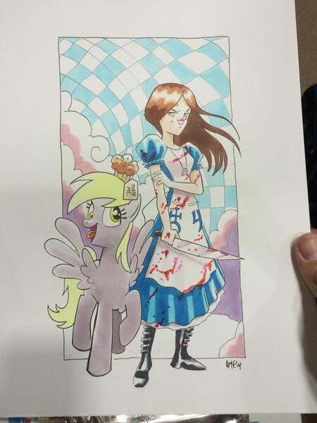 Size: 768x1024 | Tagged: safe, artist:tonyfleecs, derpibooru import, derpy hooves, pegasus, pony, alice, alice liddell, american mcgee's alice, crossover, female, food, mare, muffin, traditional art