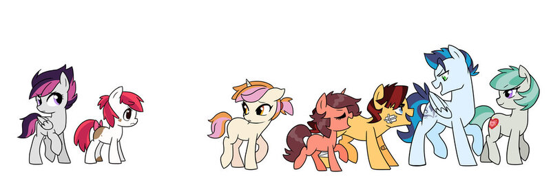 Size: 1024x341 | Tagged: artist:kianamai, derpibooru import, eyes closed, floppy ears, frown, kilalaverse, looking back, next generation, oc, oc:api apple, oc:echo (kilala), oc:icy storm, oc:pixel bit, oc:power puff, oc:rowdy ruff, oc:spice, offspring, open mouth, parent:apple bloom, parent:button mash, parent:diamond tiara, parent:pipsqueak, parent:rainbow dash, parent:rumble, parent:scootaloo, parents:diamondsnail, parent:silver spoon, parent:snails, parent:snips, parent:soarin', parents:pipbloom, parents:rumbloo, parents:silversnips, parents:soarindash, parents:sweetiemash, parent:sweetie belle, raised hoof, raised leg, safe, smiling, unofficial characters only, walking