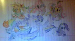 Size: 590x327 | Tagged: safe, artist:gracie_cleopatra, derpibooru import, applejack, fluttershy, pinkie pie, rainbow dash, rarity, twilight sparkle, twilight sparkle (alicorn), alicorn, pony, twilight's kingdom, female, lined paper, mane six, mare, picture taken with a potato, rainbow, rainbow power, rainbow power-ified, traditional art