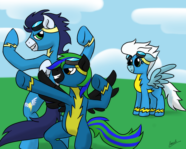 Size: 1280x1024 | Tagged: artist:elzielai, clothes, derpibooru import, fleetfoot, oc, safe, soarin', uniform, wonderbolts, wonderbolts uniform