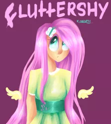 Size: 624x699 | Tagged: :<, artist:baid-woo, derpibooru import, floating wings, fluttershy, frown, human, humanized, looking up, safe, solo, winged humanization, wings