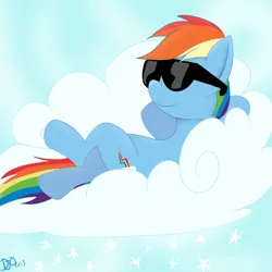 Size: 1024x1024 | Tagged: safe, artist:djose-ohara, derpibooru import, rainbow dash, pegasus, pony, 20% cooler, cloud, cloudy, cutie mark, female, hooves, lying on a cloud, mare, on a cloud, on back, relaxing, smiling, solo, sunglasses, wings
