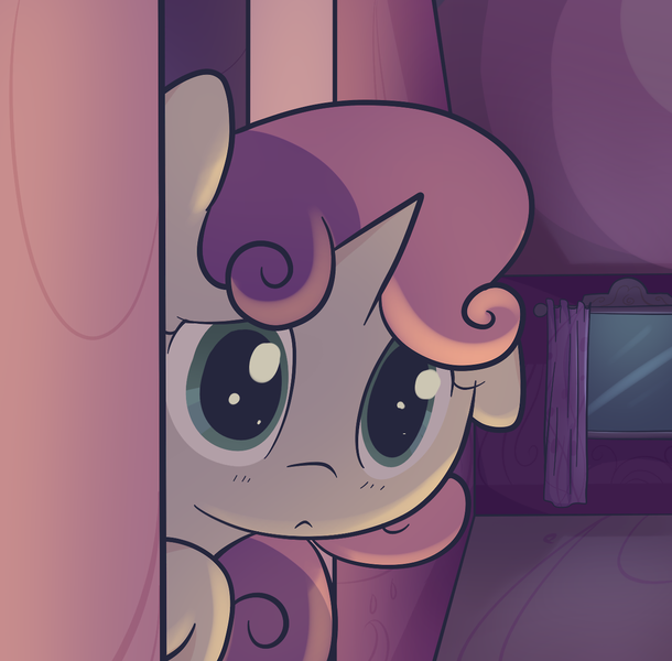 Size: 1280x1260 | Tagged: :<, artist:spikedmauler, derpibooru import, floppy ears, frown, peeking, safe, solo, sweetie belle