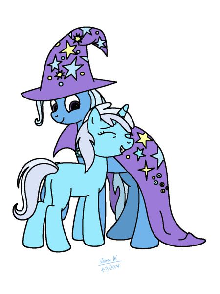 Size: 975x1300 | Tagged: artist:lavenderrain24, bloo, cape, cloak, clothes, derpibooru import, hat, safe, trixie, trixie's cape, trixie's hat