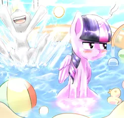 Size: 1000x950 | Tagged: safe, artist:coldbest, derpibooru import, derpy hooves, twilight sparkle, twilight sparkle (alicorn), alicorn, pony, beach ball, female, mare, rubber duck, swimming pool, wet, wet mane