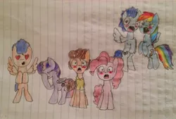 Size: 1024x691 | Tagged: safe, artist:pinkiecheeseart, derpibooru import, cheese sandwich, flash sentry, pinkie pie, rainbow dash, soarin', twilight sparkle, twilight sparkle (alicorn), alicorn, pony, cheesepie, female, flashlight, male, mare, shipping, soarindash, straight, traditional art