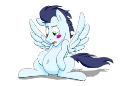 Size: 1024x731 | Tagged: artist:clearwatermk2, belly, belly button, blushing, derpibooru import, safe, soarin', solo