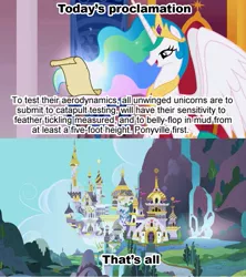 Size: 1021x1149 | Tagged: canterlot, caption, celestia's proclamation, derpibooru import, exploitable meme, image macro, meme, princess celestia, safe, text