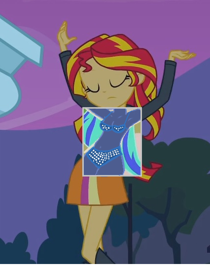 Size: 426x539 | Tagged: suggestive, derpibooru import, edit, sunset shimmer, equestria girls, equestria girls (movie), belly button, bra, breasts, cleavage, clothes, female, panties, polka dot underwear, underwear, underwear edit, x-ray, x-ray edit