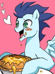 Size: 359x477 | Tagged: artist:susu, blushing, derpibooru import, eating, food, happy, heart, pie, pixiv, safe, soarin', solo, that pony sure does love pies