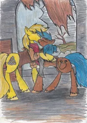 Size: 2476x3480 | Tagged: artist:zubias, derpibooru import, fallout equestria, kissing, oc, oc:fool's gold, oc:tripwire, safe, traditional art, unofficial characters only