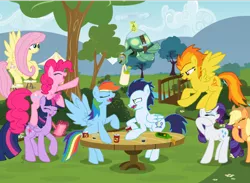 Size: 1024x749 | Tagged: safe, artist:dalilastar, derpibooru import, applejack, fluttershy, pinkie pie, rainbow dash, rarity, soarin', spitfire, tank, twilight sparkle, twilight sparkle (alicorn), alicorn, pony, backwards cutie mark, burp, burping contest, female, mare, soda