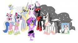 Size: 1444x804 | Tagged: safe, artist:desu, derpibooru import, derpy hooves, sweetie belle, oc, ponified, alicorn, pony, alicorn oc, alicornified, chi, chi's sweet home, crossover, horn, lego, race swap, the lego movie, unikitty, wings, zoe trent