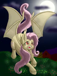 Size: 2454x3276 | Tagged: safe, artist:nekotigerfire, derpibooru import, fluttershy, bat pony, pony, bats!, bat ponified, flutterbat, moon, night, race swap, solo