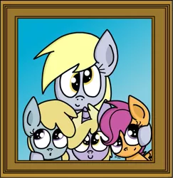 Size: 505x519 | Tagged: safe, artist:graciegirl328, derpibooru import, chirpy hooves, derpy hooves, dinky hooves, scootaloo, pegasus, pony, cute, equestria's best mother, family photo, female, mare, smiling