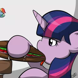 Size: 1024x1024 | Tagged: suggestive, artist:oakenchi, derpibooru import, rainbow dash, twilight sparkle, twilight sparkle (alicorn), alicorn, pony, female, food, innuendo, mare, sandwich