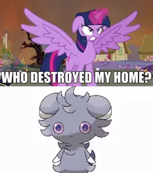 Size: 640x720 | Tagged: safe, derpibooru import, twilight sparkle, twilight sparkle (alicorn), alicorn, espurr, pony, exploitable meme, female, mare, meme, obligatory pony, pokémon, who destroyed twilight's home