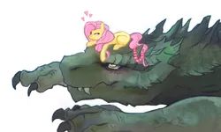 Size: 1280x768 | Tagged: artist:naminzo, blank flank, blushing, crossover, crying, derpibooru import, eyes closed, fluttershy, godzilla, godzilla (series), godzillashy, happy, heart, kaiju, prone, safe, smiling