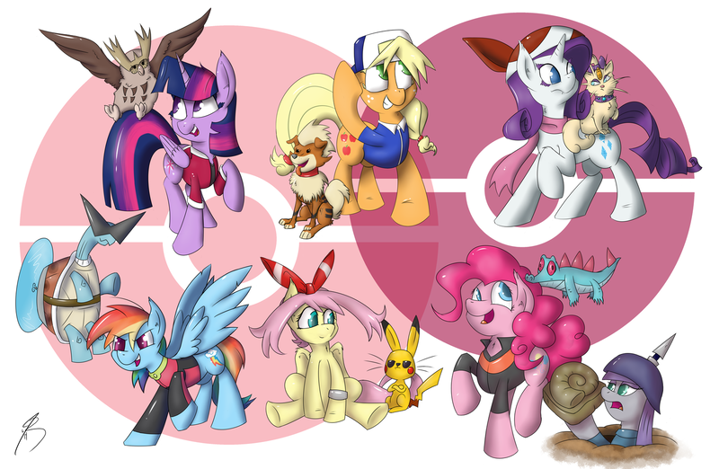 Size: 1599x1043 | Tagged: safe, artist:jorobro, derpibooru import, angel bunny, applejack, boulder (pet), fluttershy, gummy, maud pie, opalescence, owlowiscious, pinkie pie, rainbow dash, rarity, tank, twilight sparkle, twilight sparkle (alicorn), winona, alicorn, pony, female, helix fossil, lord helix, mane six, mare, pokémon, twitch plays pokémon