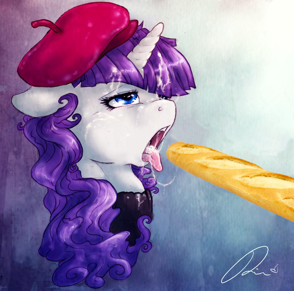 Size: 776x768 | Tagged: artist:dimwitdog, artist:dylanweber, baguette, beatnik rarity, beret, bread, clothes, derpibooru import, edit, food, hat, not porn, questionable, rarity, solo, sweater, that's not mayonnaise