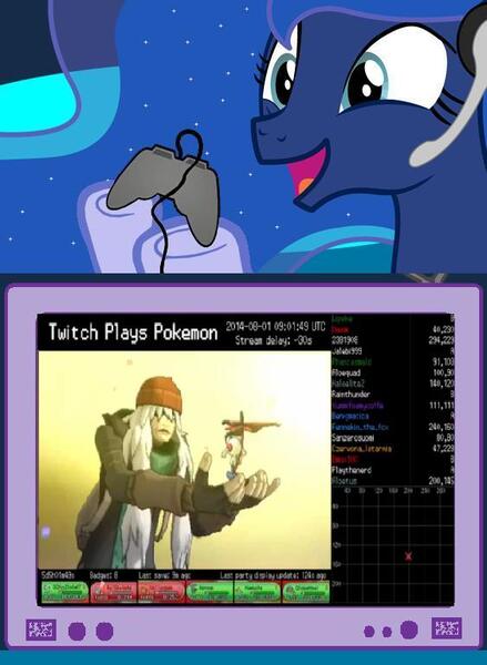 Size: 563x769 | Tagged: derpibooru import, exploitable meme, gamer luna, meme, obligatory pony, pokémon, princess luna, safe, tv meme, twitch plays pokémon