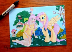 Size: 799x578 | Tagged: safe, artist:letquestria, artist:ltiachan, derpibooru import, fluttershy, human, pony, duality, fluttershy's cottage, human ponidox, humanized, promarker, self ponidox, solo, traditional art