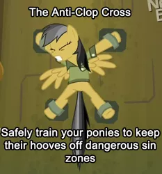 Size: 546x587 | Tagged: caption, daring do, daring don't, deathtrap, derpibooru import, edit, edited screencap, eyes closed, restrained, screencap, spread eagle, suggestive