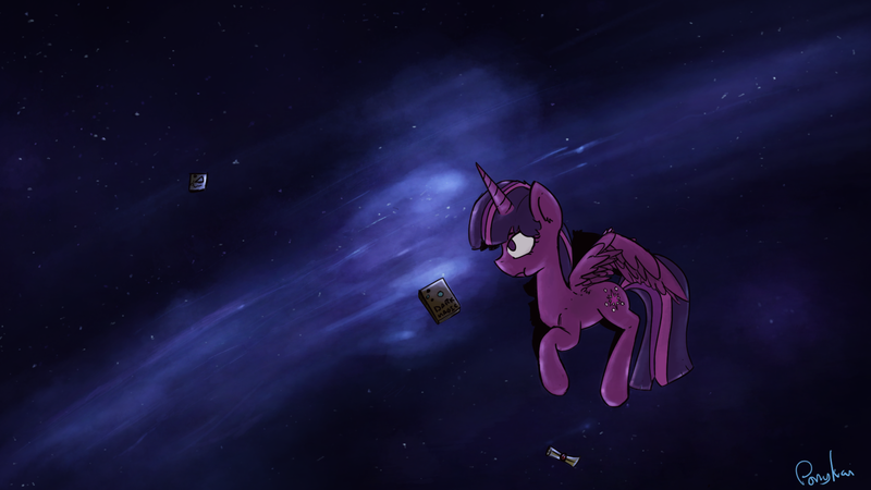 Size: 1920x1080 | Tagged: safe, artist:ponykai, derpibooru import, twilight sparkle, twilight sparkle (alicorn), alicorn, pony, book, female, mare, nebula, solo, space, stars