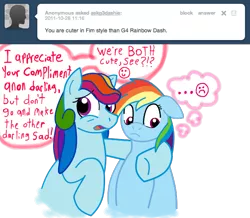 Size: 650x566 | Tagged: artist:ratdust, ask, ask g3 dashie, cute, derpibooru import, dialogue, g3, g3 to g4, generational ponidox, generation leap, i'm not cute, implied anon, rainbow dash, rainbow dash (g3), sad, safe, solo, tumblr