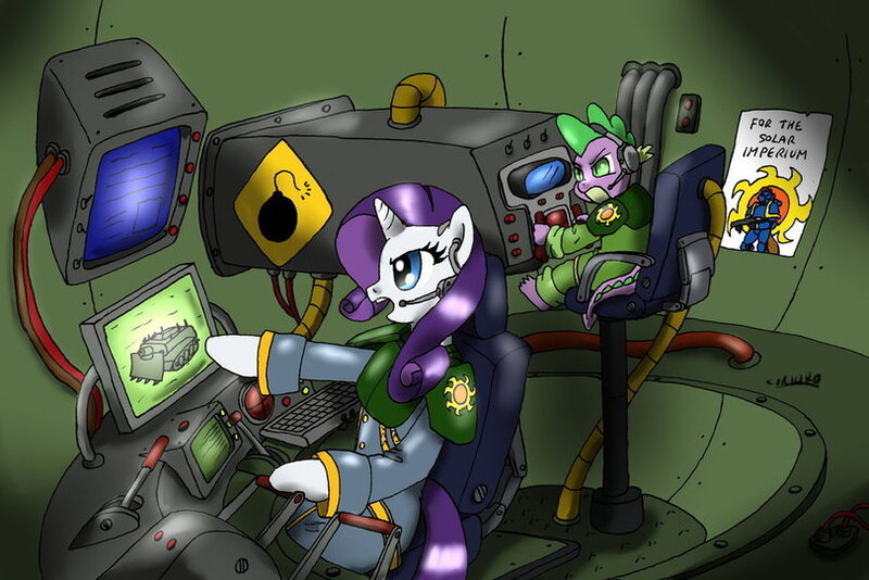 Size: 811x541 | Tagged: artist:ciriliko, crossover, derpibooru import, rarity, safe, source needed, space marine, spike, tank (vehicle), warhammer 40k, warhammer (game)