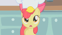 Size: 900x506 | Tagged: animated, apple bloom, balancing, call of the cutie, chef's hat, derpibooru import, food, hat, lemon, safe, screencap, solo