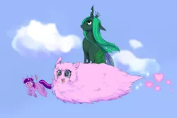 Size: 1585x1068 | Tagged: safe, artist:kukku pu, derpibooru import, queen chrysalis, twilight sparkle, twilight sparkle (alicorn), oc, oc:fluffle puff, alicorn, pony, female, flying, mare, pixiv