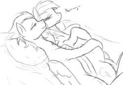 Size: 1105x761 | Tagged: safe, artist:patch, derpibooru import, rainbow dash, soarin', bed, belly, cuddling, dialogue, female, hug, male, messy mane, monochrome, morning ponies, pregnant, shipping, side, sketch, smiling, soarindash, spooning, straight