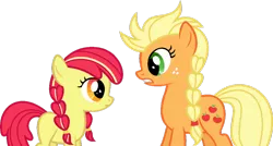 Size: 1024x549 | Tagged: alternate hairstyle, anna, apple bloom, applejack, artist:archerinblue, braid, crossover, dead source, derpibooru import, elsa, eye contact, frown, frozen (movie), gritted teeth, hatless, looking at each other, missing accessory, queen elsajack, reference, safe, simple background, transparent background, vector