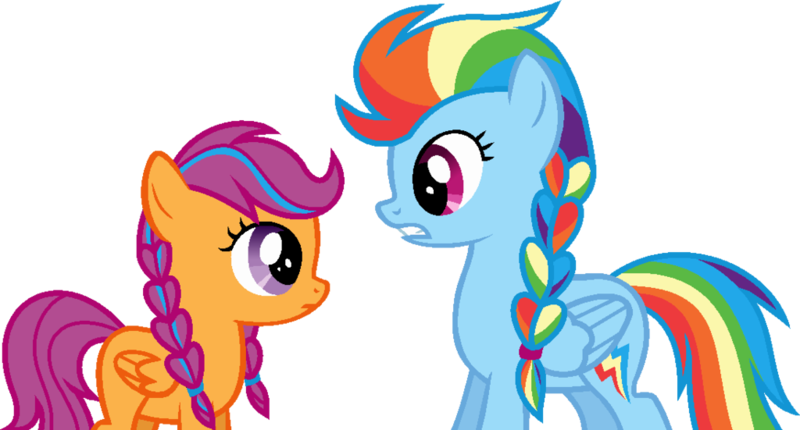 Size: 1024x551 | Tagged: alternate hairstyle, anna, artist:archerinblue, braid, crossover, derpibooru import, elsa, eye contact, frown, frozen (movie), gritted teeth, looking at each other, rainbow dash, safe, scootaloo, simple background, transparent background, vector