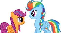 Size: 1024x551 | Tagged: alternate hairstyle, anna, artist:archerinblue, braid, crossover, derpibooru import, elsa, eye contact, frown, frozen (movie), gritted teeth, looking at each other, rainbow dash, safe, scootaloo, simple background, transparent background, vector