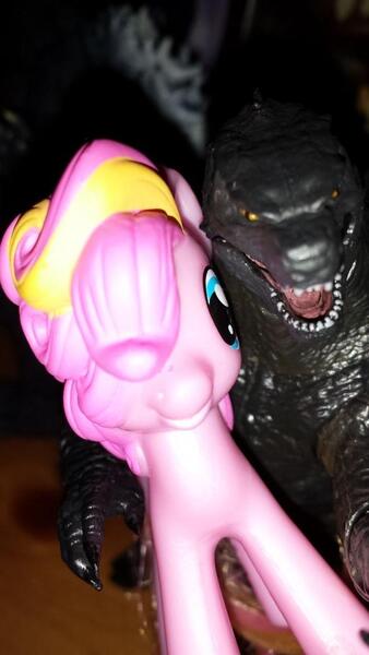 Size: 581x1032 | Tagged: crossover, derpibooru import, godzilla, godzilla 2014, godzilla (series), irl, kaiju, magazine figure, neca, photo, pinkie pie, rainbow power, safe, toy