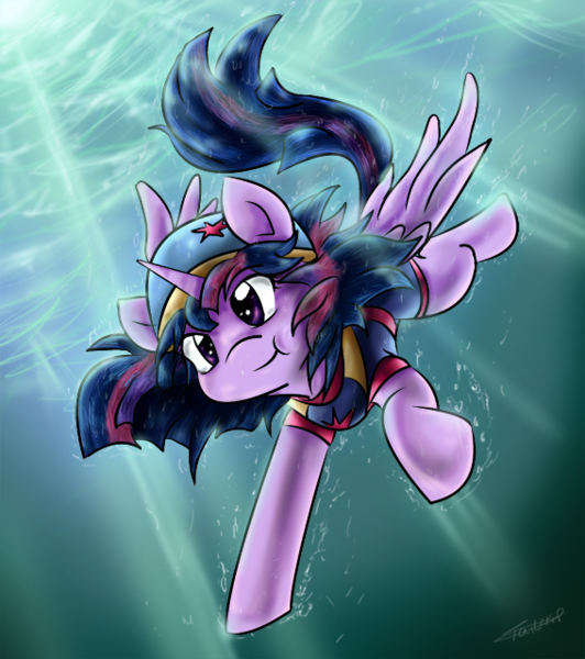 Size: 567x639 | Tagged: safe, artist:tailzkipzigona, derpibooru import, twilight sparkle, twilight sparkle (alicorn), alicorn, pony, clothes, female, hat, mare, solo, swimming, swimming cap, swimsuit, underwater