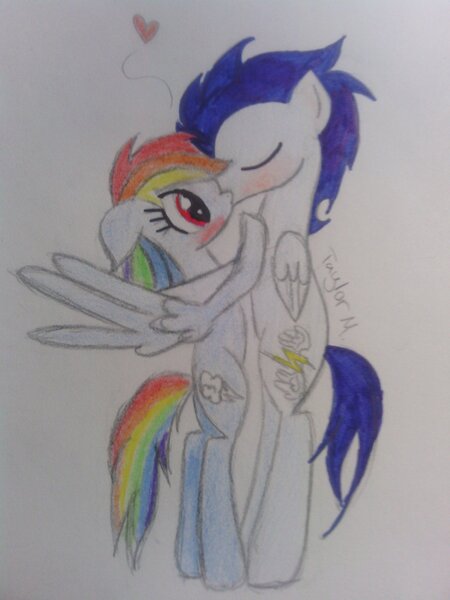 Size: 1024x1365 | Tagged: safe, artist:rainbowdash212, derpibooru import, rainbow dash, soarin', blushing, female, kissing, male, shipping, soarindash, straight, traditional art