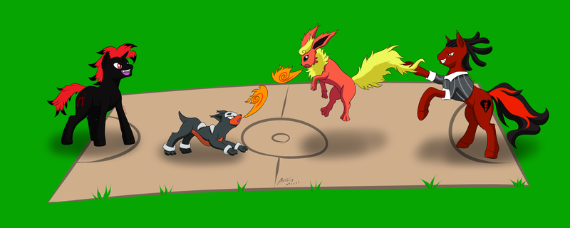 Size: 5000x2000 | Tagged: artist:annonymouse, derpibooru import, flareon, houndour, oc, pokémon, safe, unofficial characters only