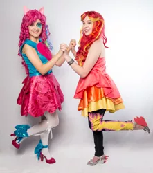 Size: 3264x3695 | Tagged: safe, artist:lochlan o'neil, artist:sarahndipity cosplay, derpibooru import, pinkie pie, sunset shimmer, human, equestria girls, rainbow rocks, clothes, cosplay, costume, high heels, irl, irl human, pantyhose, photo, shoes, skirt