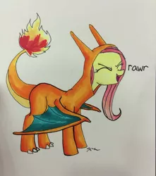 Size: 1068x1208 | Tagged: artist:catscratchpaper, charizard, clothes, costume, derpibooru import, fluttershy, pokémon, rawr, safe, solo, traditional art