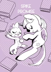 Size: 1200x1709 | Tagged: safe, artist:pash_hn, derpibooru import, spike, twilight sparkle, twilight sparkle (alicorn), alicorn, pony, female, mare, monochrome, pixiv, sleeping