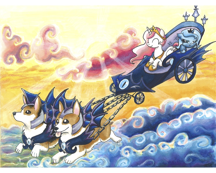 Size: 3598x2878 | Tagged: safe, artist:catscratchpaper, derpibooru import, princess celestia, princess luna, alicorn, corgi, dog, pony, chariot, female, filly, luna's chariot, pink-mane celestia, pouting, traditional art, woona, younger