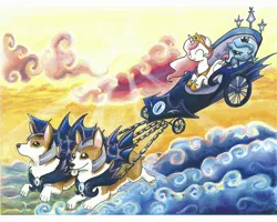 Size: 3598x2878 | Tagged: safe, artist:catscratchpaper, derpibooru import, princess celestia, princess luna, alicorn, corgi, dog, pony, chariot, female, filly, luna's chariot, pink-mane celestia, pouting, traditional art, woona, younger